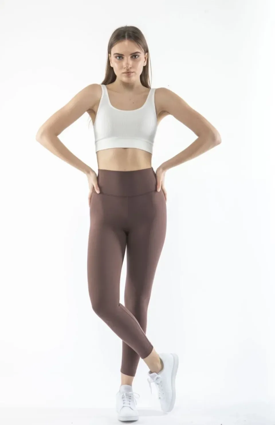 Kadın Yüksek Bel Sporcu Düz Tayt - Kahverengi