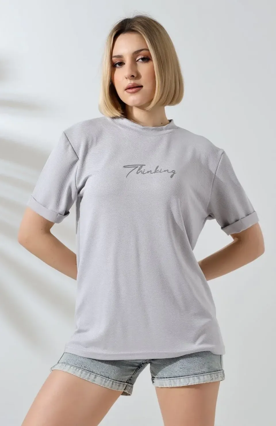 Unisex Bisiklet Yaka Baskılı Slim Fit T-Shirt - Boyalı Gri