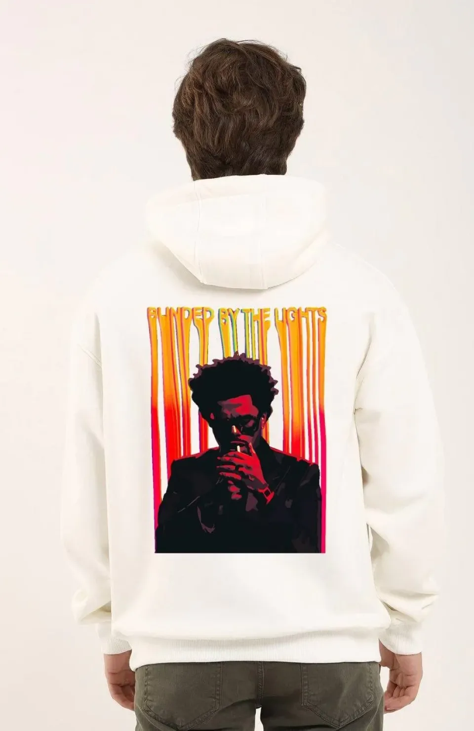 Unisex Baskılı Oversize Üç İplik Kapüşonlu Sweatshirt - Beyaz