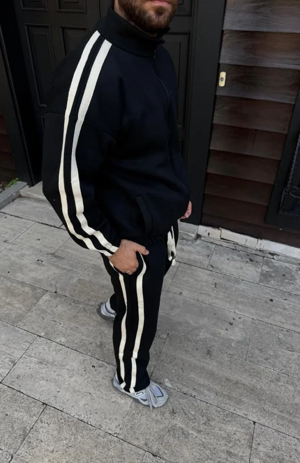 Erkek Çift Şeritli Eşofman Takım Dik Yaka Fermuarlı Sweatshirt Boru Paça Alt, Oversize 3 iplik Pamuklu - Siyah