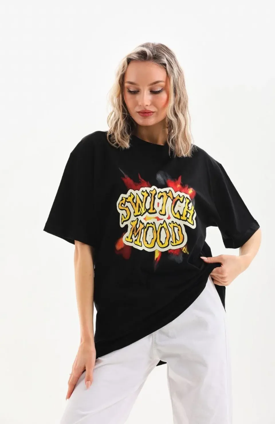 Unisex Baskılı Oversize T-Shirt - Siyah