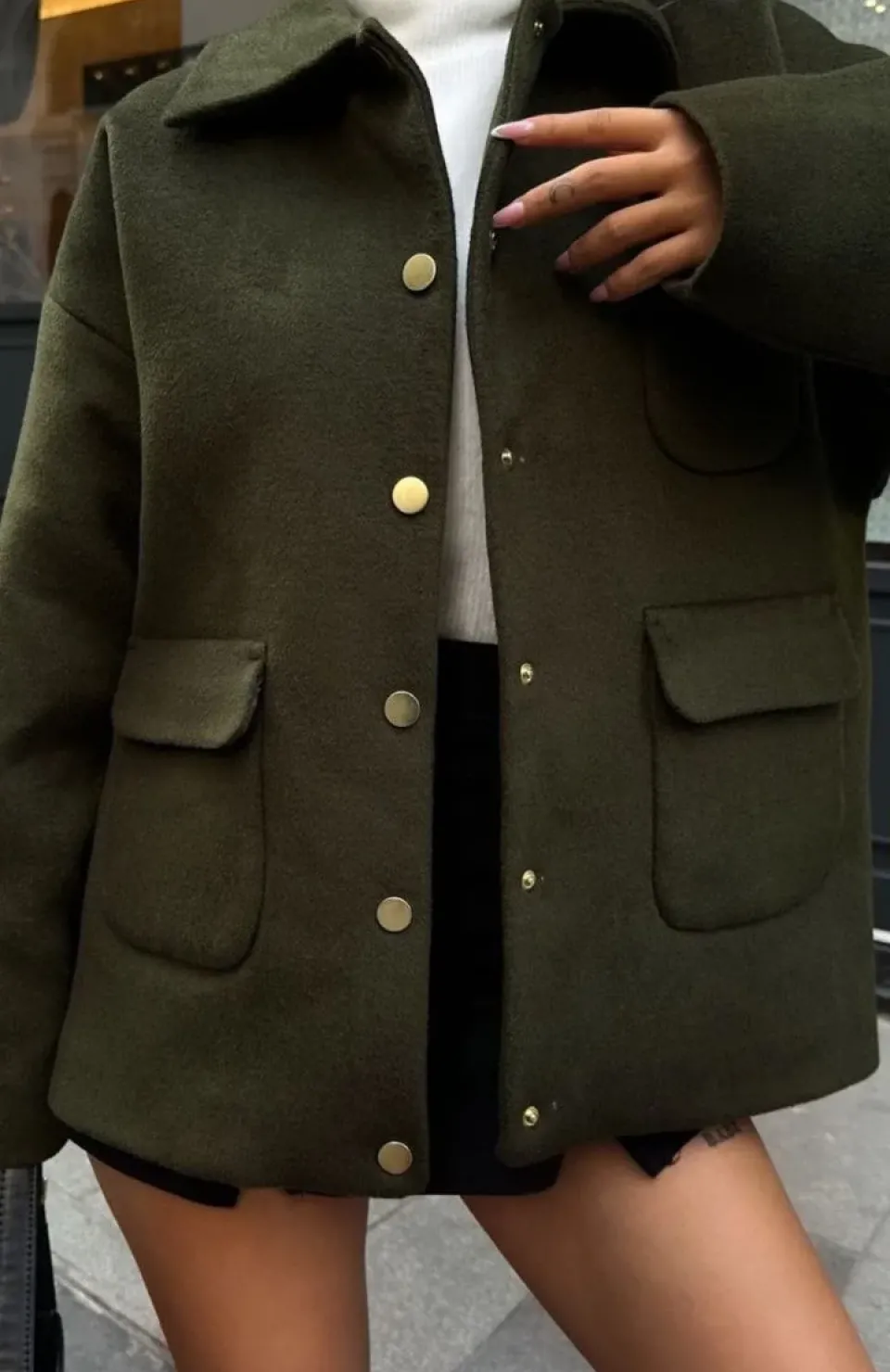 Kaşe Kaşmir kumaş cep ve çıt çıt düğme detay Bleazer pinterest ceket mont - Haki