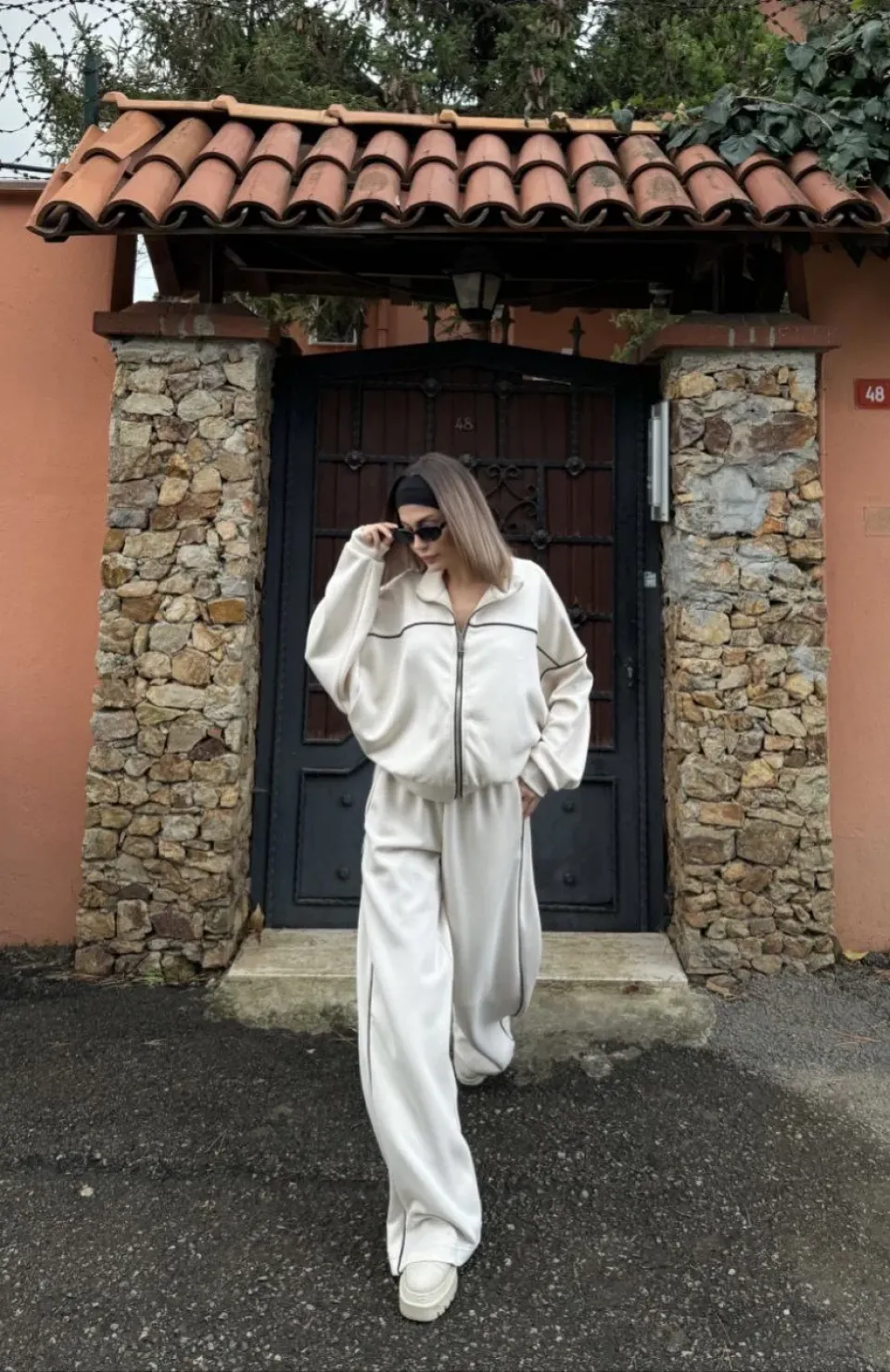 Fermuarlı Eşofman Pantolon İkili Takım - Beyaz