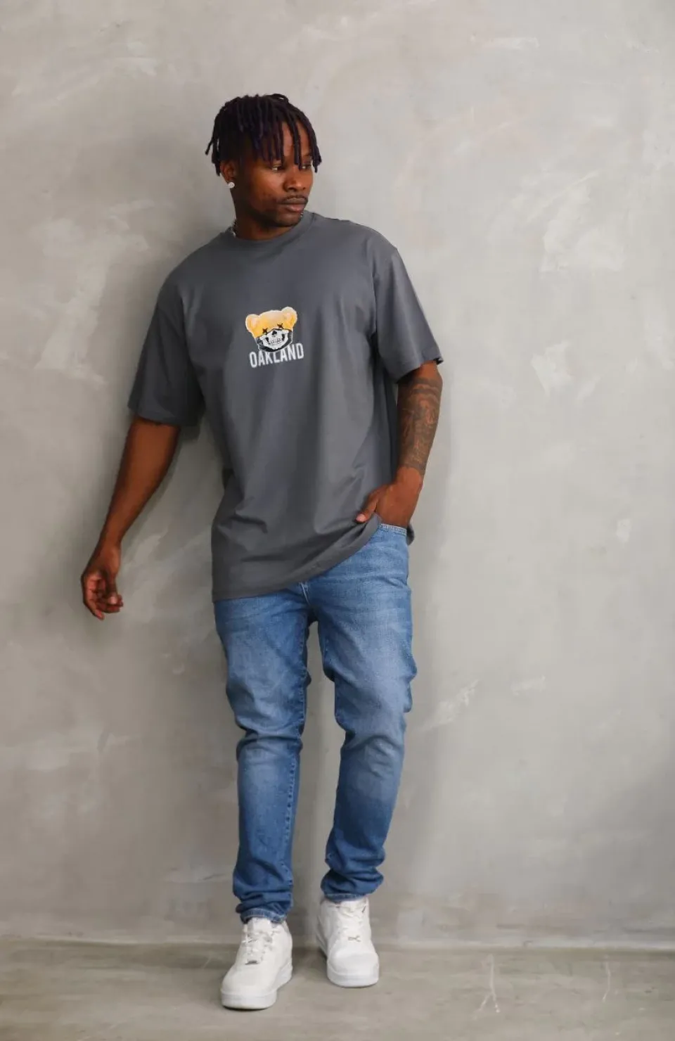 Unisex Baskılı Oversize T-Shirt - Füme