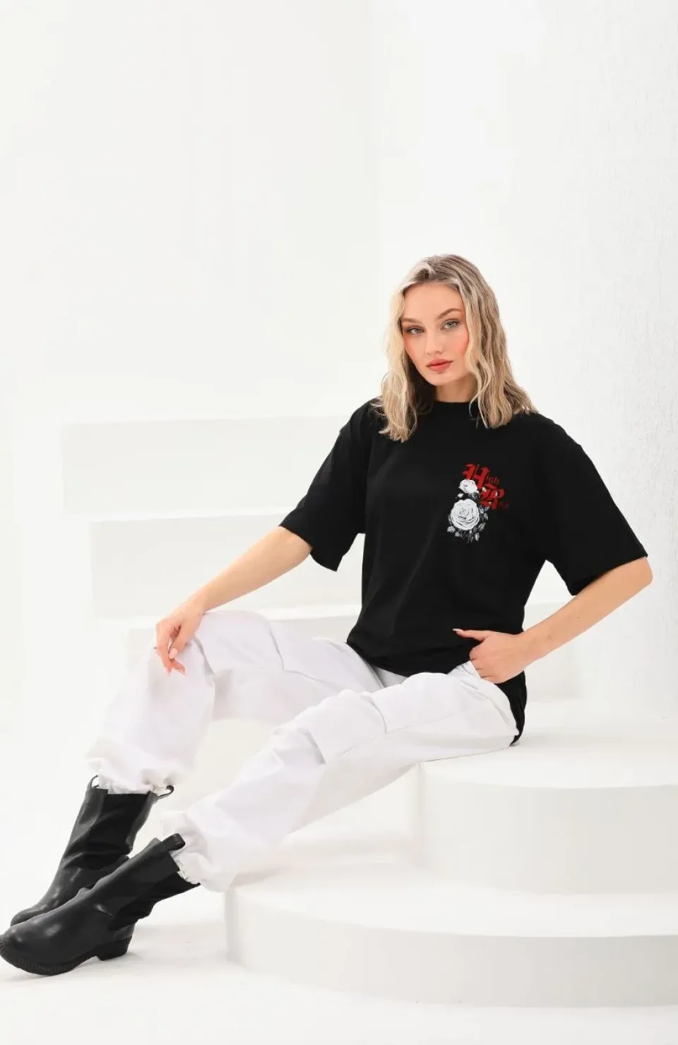 Unisex Baskılı Oversize T-Shirt - Siyah