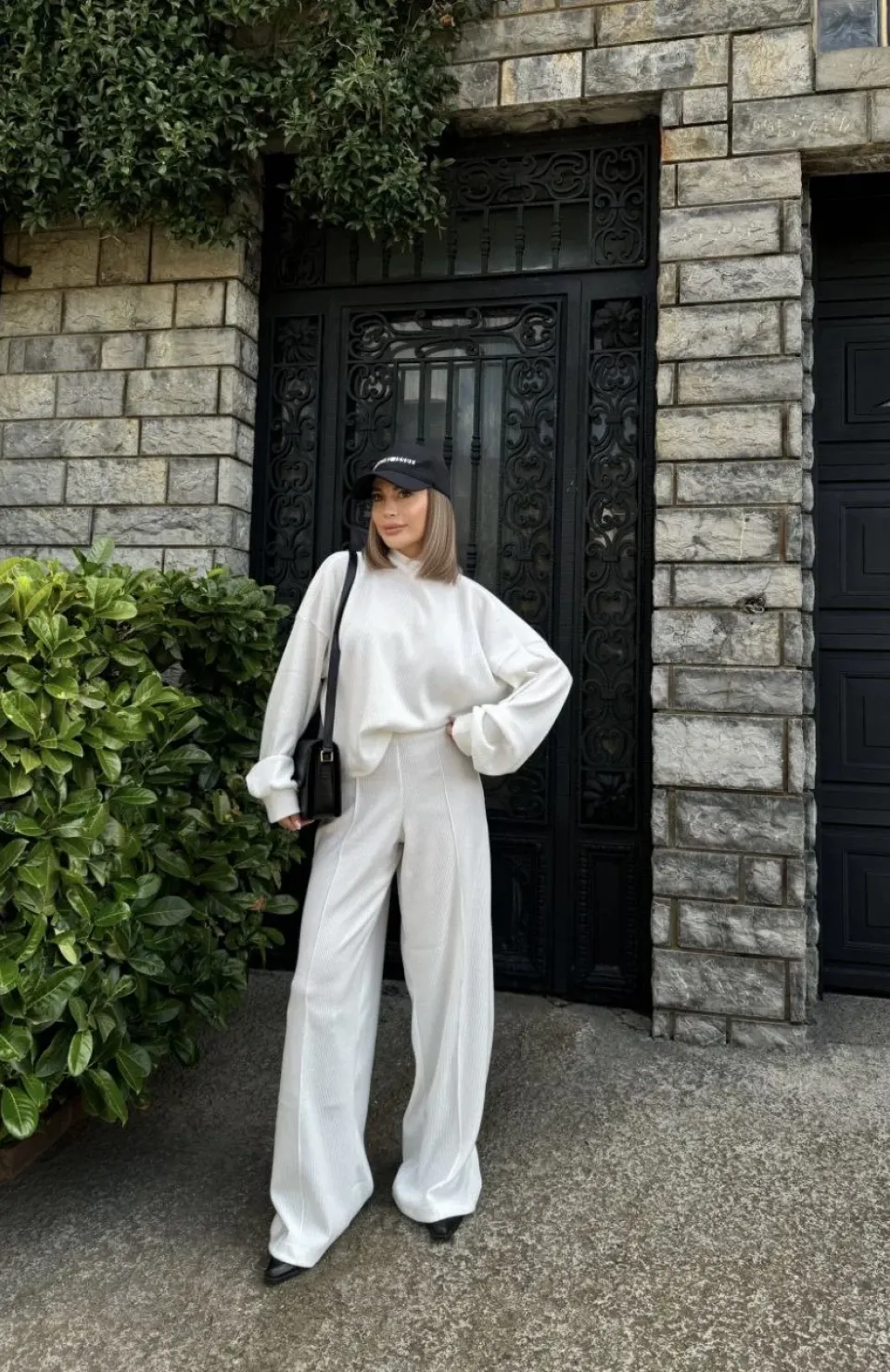 Crop, Pantolon Fitilli İkili Takım -Beyaz