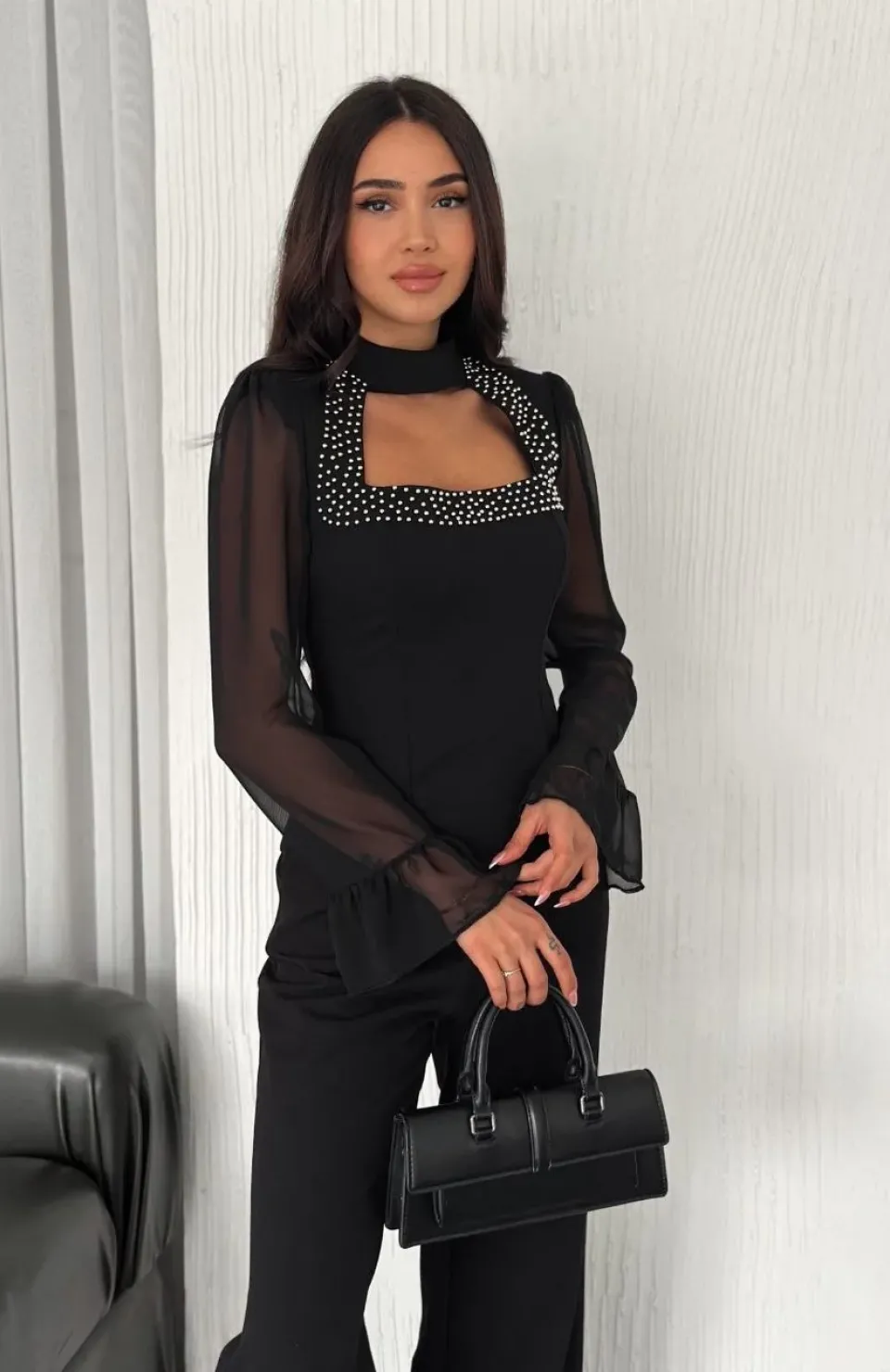 Penye Uzun Kollu Kadın Kolları Şifon Göğüste İnci Boncuk detaylı Bluz - Siyah