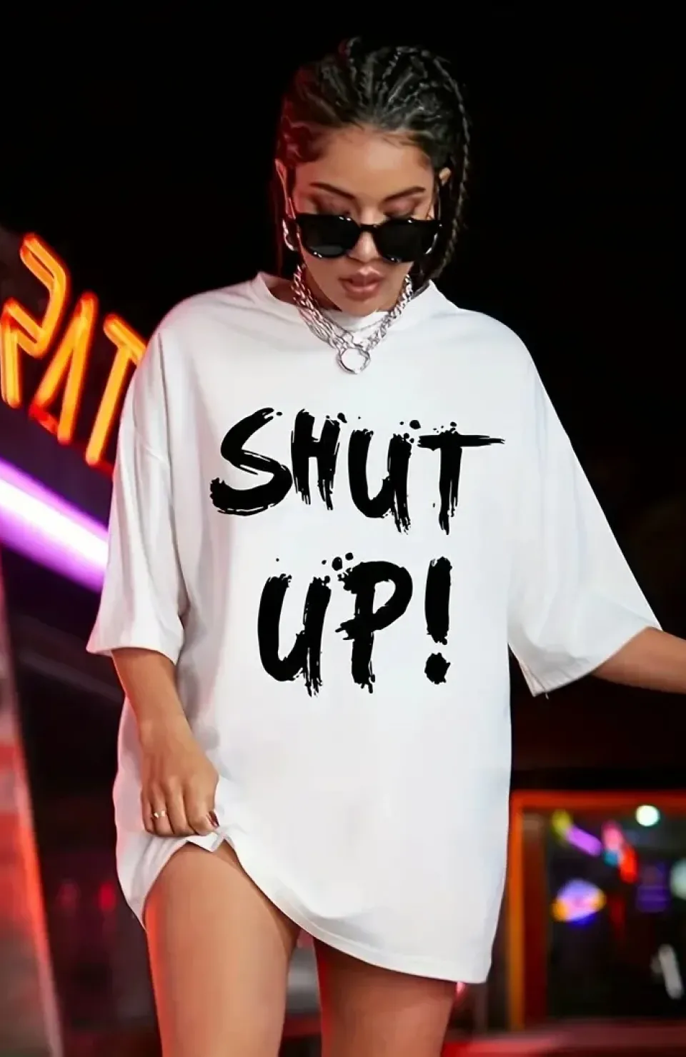 20/1 Penye Compack Oversize Beyaz Shut Up Kısa Kol Yazlık Tişört - Beyaz