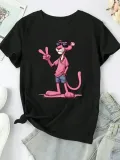20/1 Penye Compack Pembe Panter Baskılı Oversize Bisiklet Yaka Kısa Kol Yazlık T-shirt - Beyaz