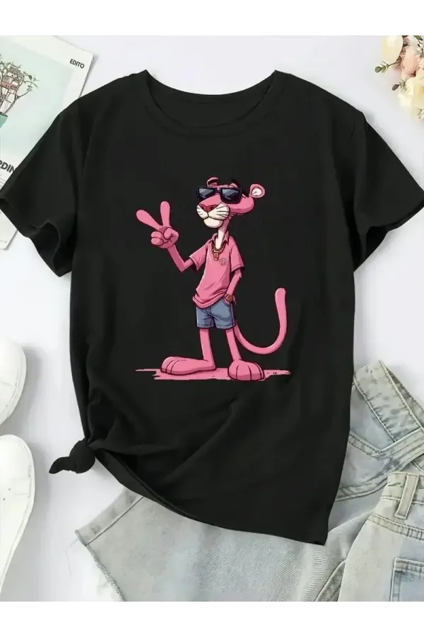 20/1 Penye Compack Pembe Panter Baskılı Oversize Bisiklet Yaka Kısa Kol Yazlık T-shirt - Beyaz