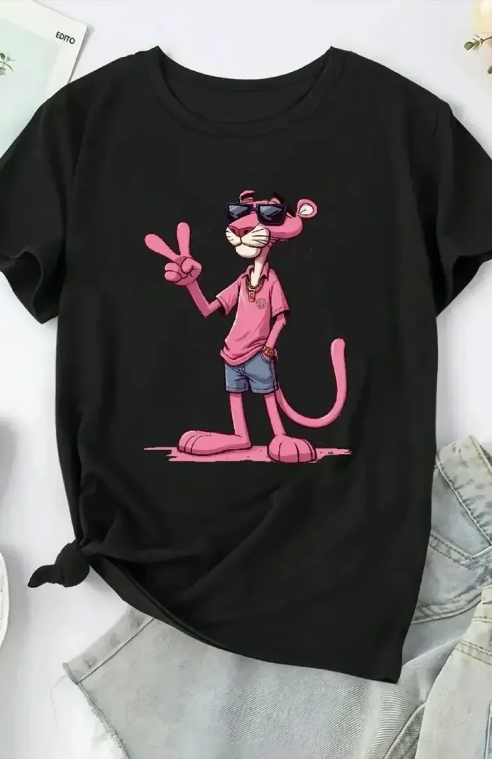20/1 Penye Compack Pembe Panter Baskılı Oversize Bisiklet Yaka Kısa Kol Yazlık T-shirt - Beyaz