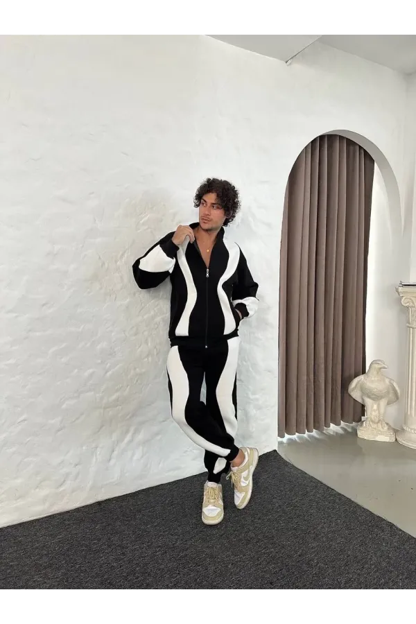 Erkek Premium Parçalı Eşofman Takım - Dik Yaka Fermuarlı Sweatshirt, - Siyah