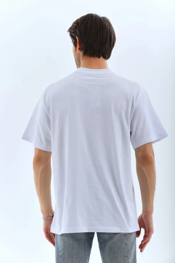 Unisex Oversize Taşlı Bisiklet Yaka T-Shirt - Beyaz