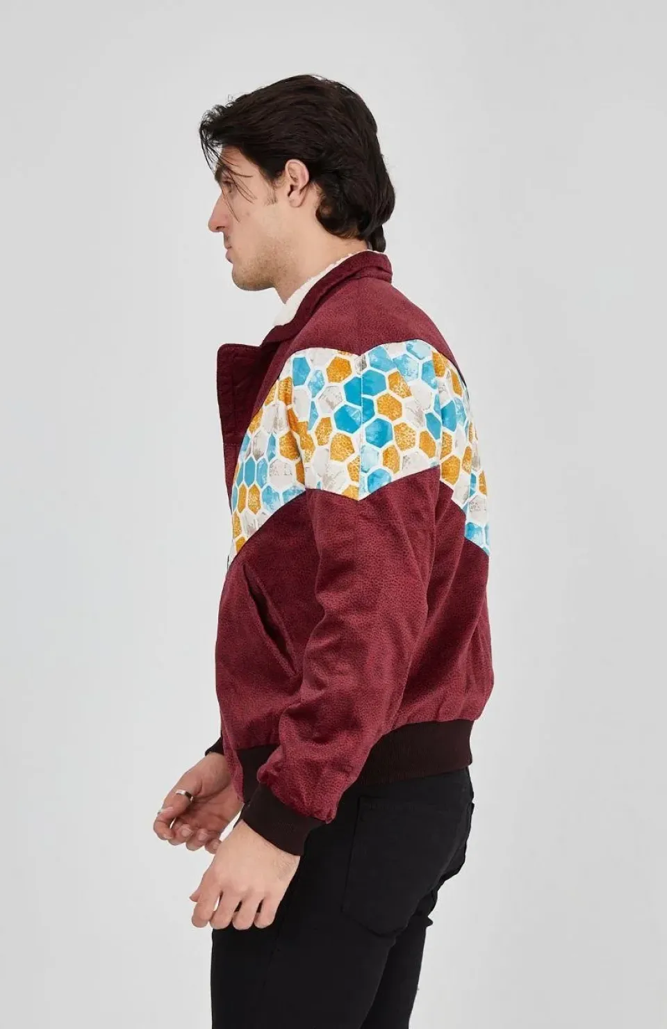 Erkek İçi Astarlı İçten Yaka Kısmı Peluşlu Beyaz Şeritli Vintage Ceket - Mürdüm