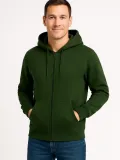 Erkek Üç İplik Kapüşonlu Tam Fermuarlı Kanguru Cepli Sweatshirt Hoodie - Haki