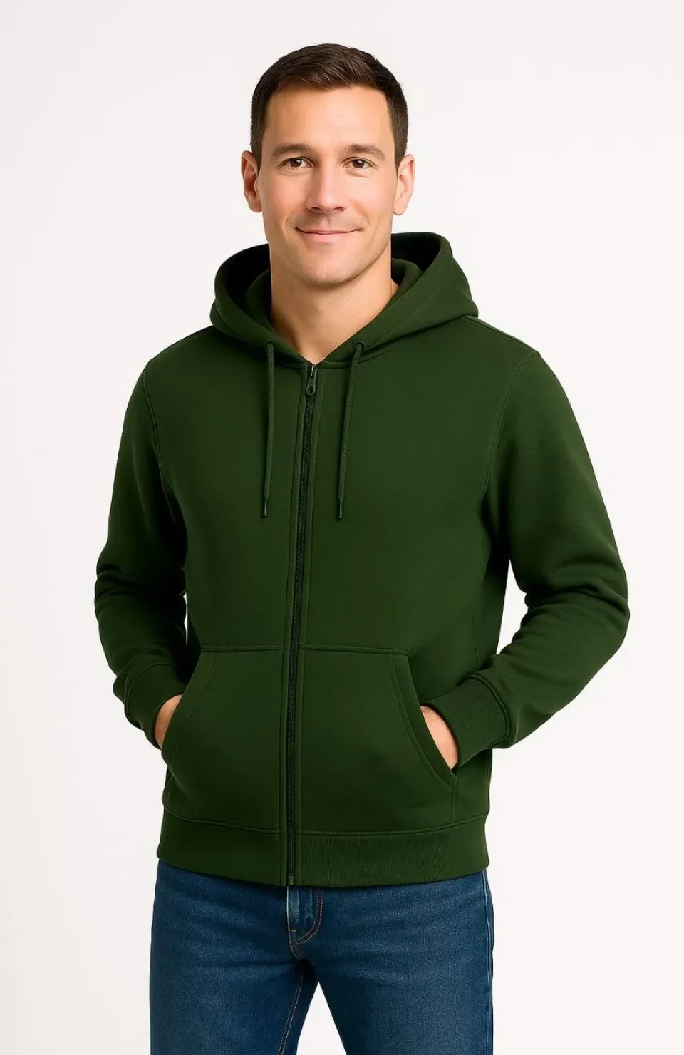 Erkek Üç İplik Kapüşonlu Tam Fermuarlı Kanguru Cepli Sweatshirt Hoodie - Haki