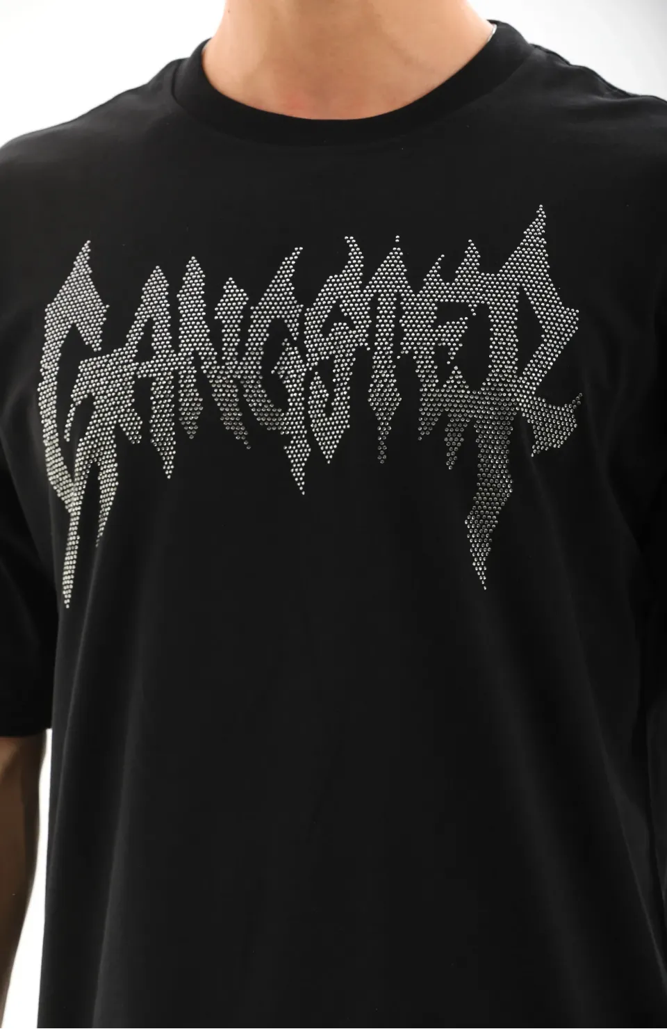 Unisex Oversize Taşlı Bisiklet Yaka T-Shirt - Siyah