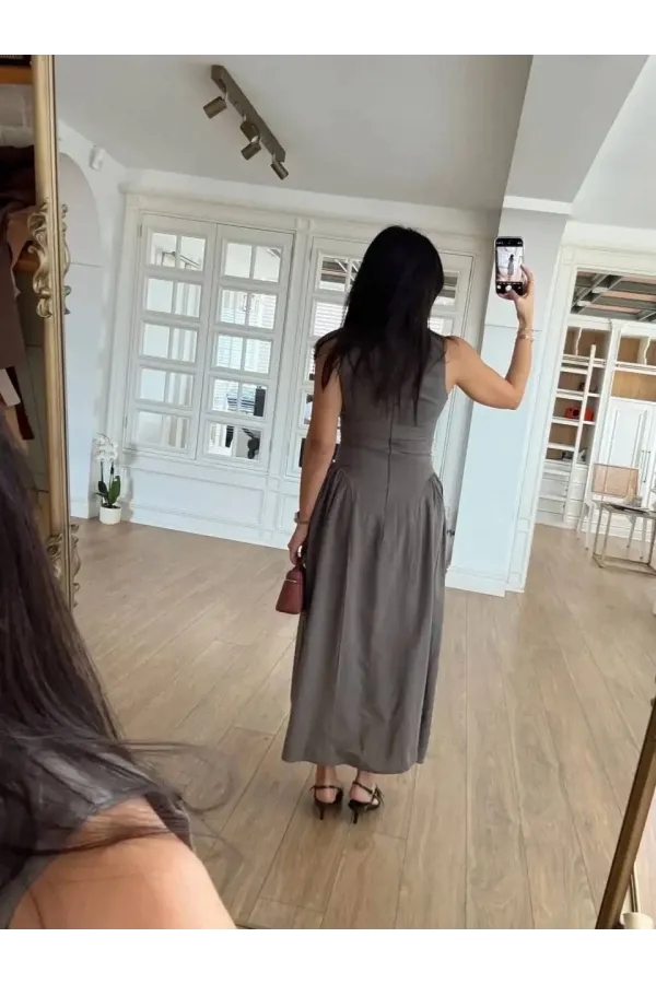 Kolsuz Uzun Kabardin Elbise - Gri