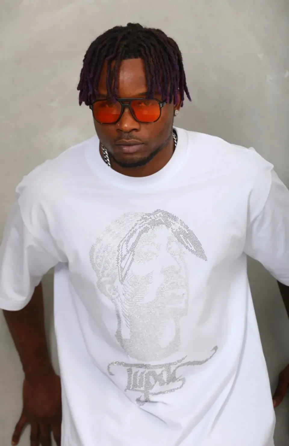 Unisex Oversize Taşlı Bisiklet Yaka T-Shirt - Beyaz