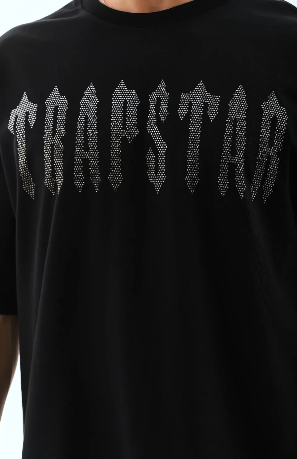 Unisex Oversize Taşlı Bisiklet Yaka T-Shirt - Siyah