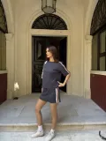 Osy Modal yumuşak dokulu Kumaş Kadın Parçalı Bisiklet Yaka T-shirt Mini Şortlu Etek İkili Takım - Füme