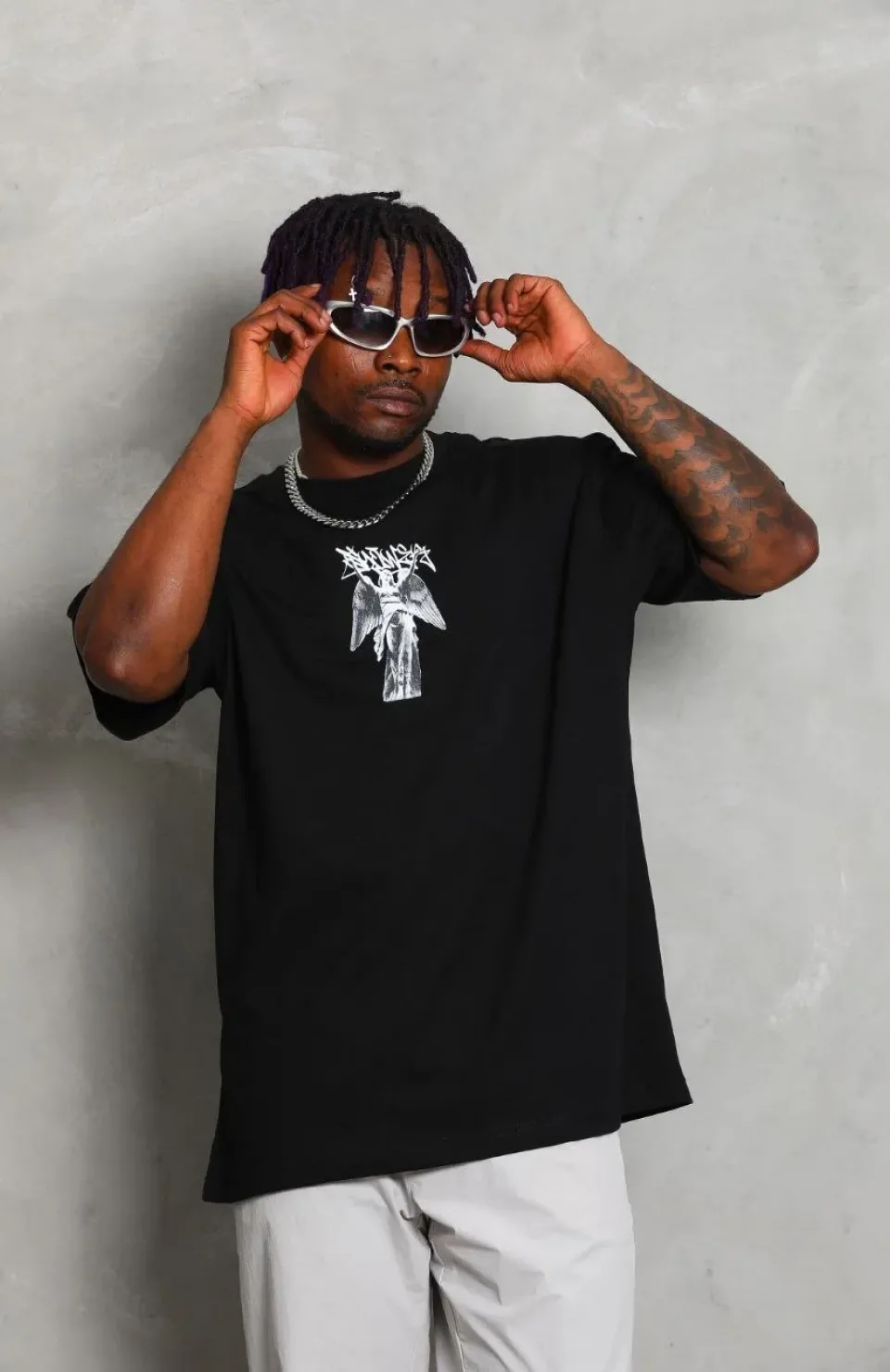 Unisex Oversize Baskılı Bisiklet Yaka T-Shirt - Siyah