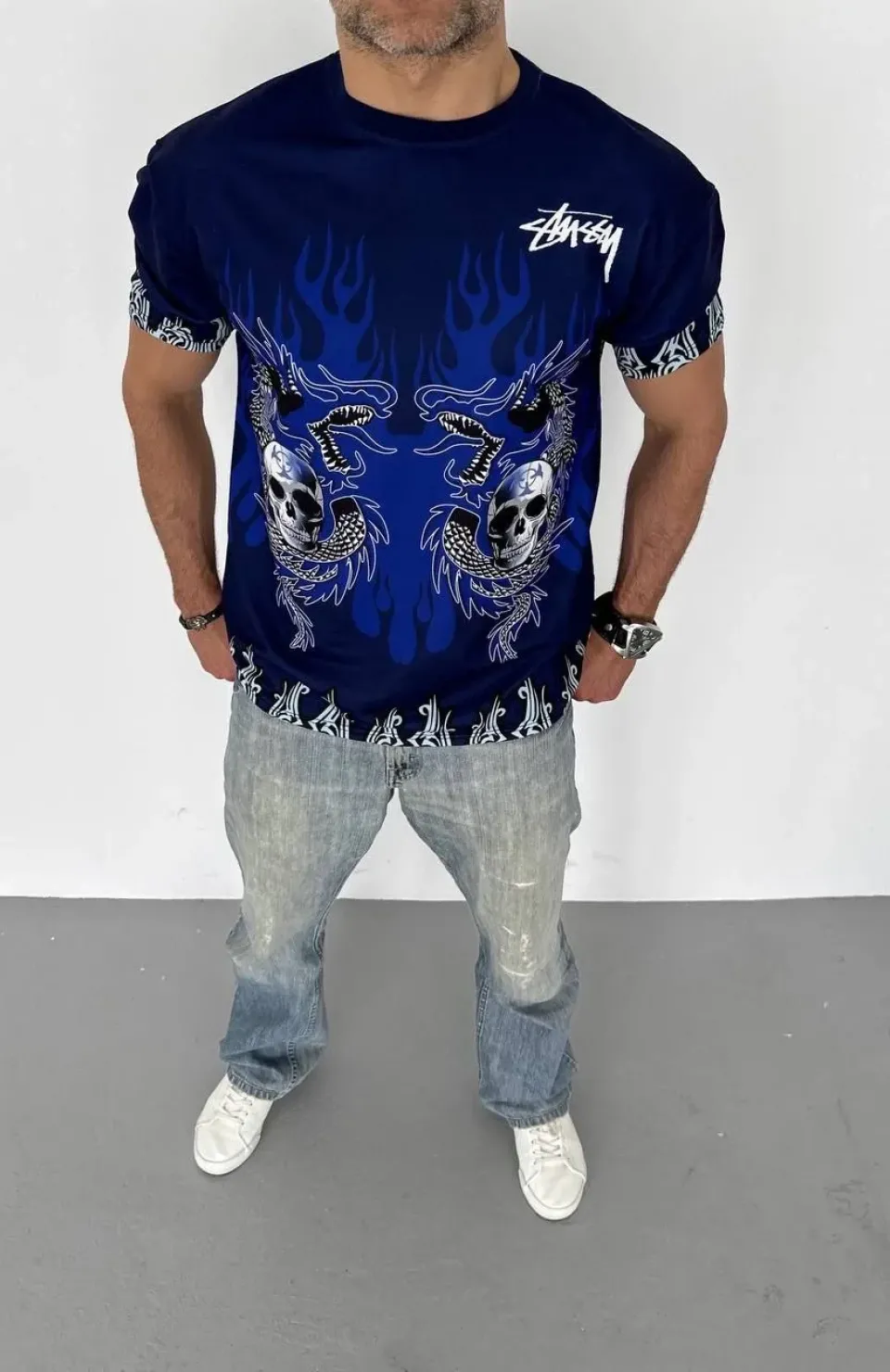 Unisex Bisiklet Yaka Baskılı Oversize T-Shirt - Lacivert