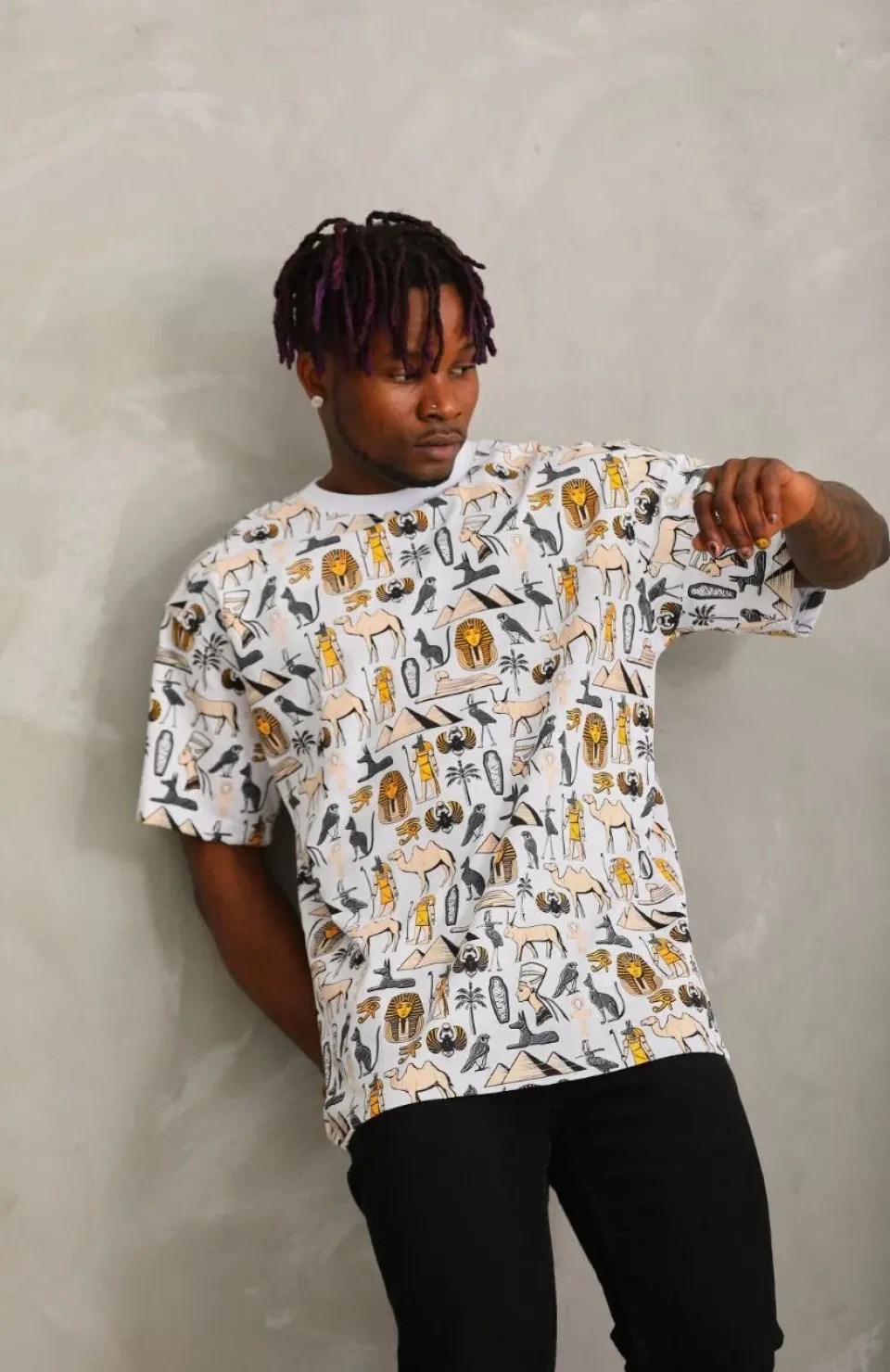 Unisex Oversize Baskılı Bisiklet Yaka T-Shirt - Beyaz