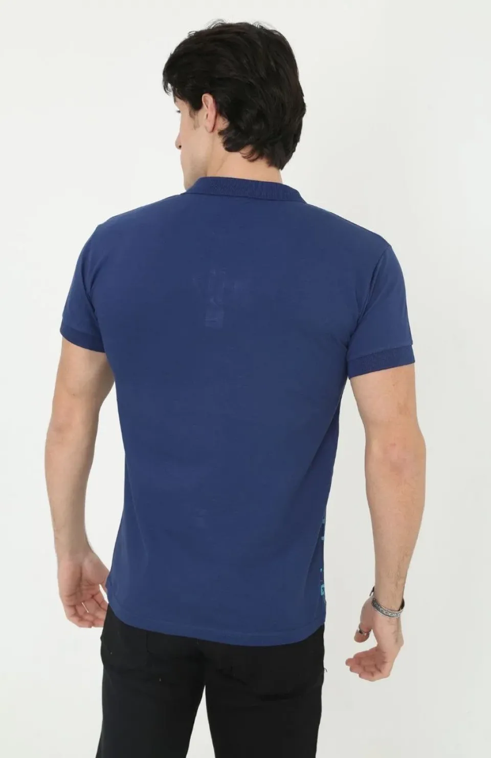 Erkek Yakalı Slim Fit Pike Çizgili T-Shirt - Mavi