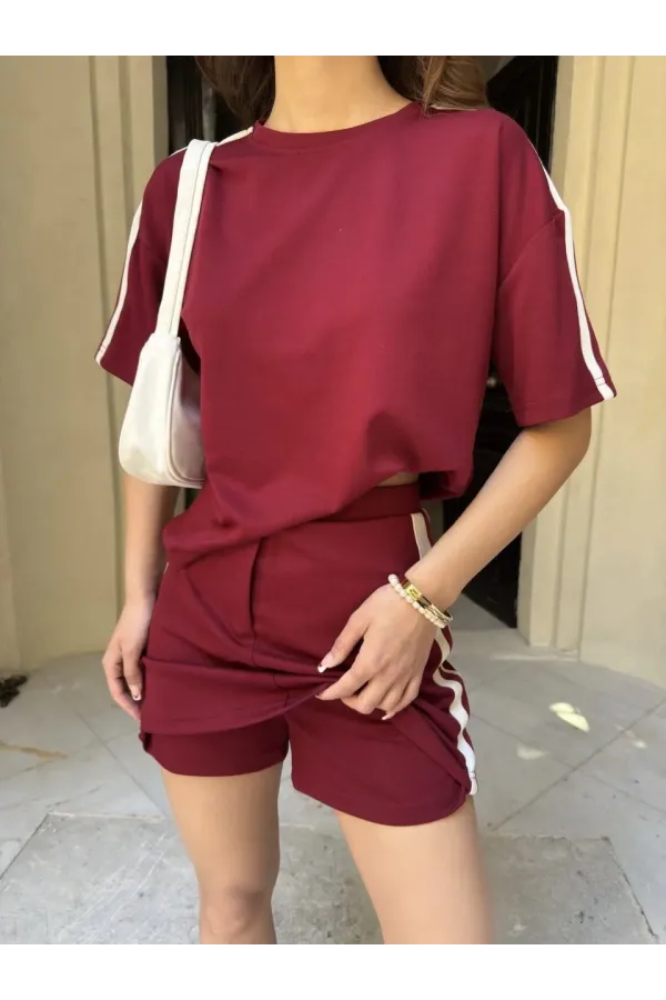 Osy Modal yumuşak dokulu Kumaş Kadın Parçalı Bisiklet Yaka T-shirt Mini Şortlu Etek İkili Takım -Bordo