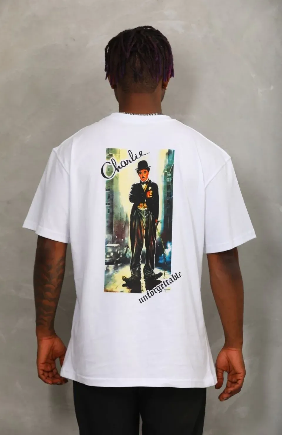 Unisex Oversize Baskılı Bisiklet Yaka T-Shirt - Beyaz