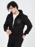 Erkek Kapüşonlu Baskılı Fermuarlı Hırka - Siyah
