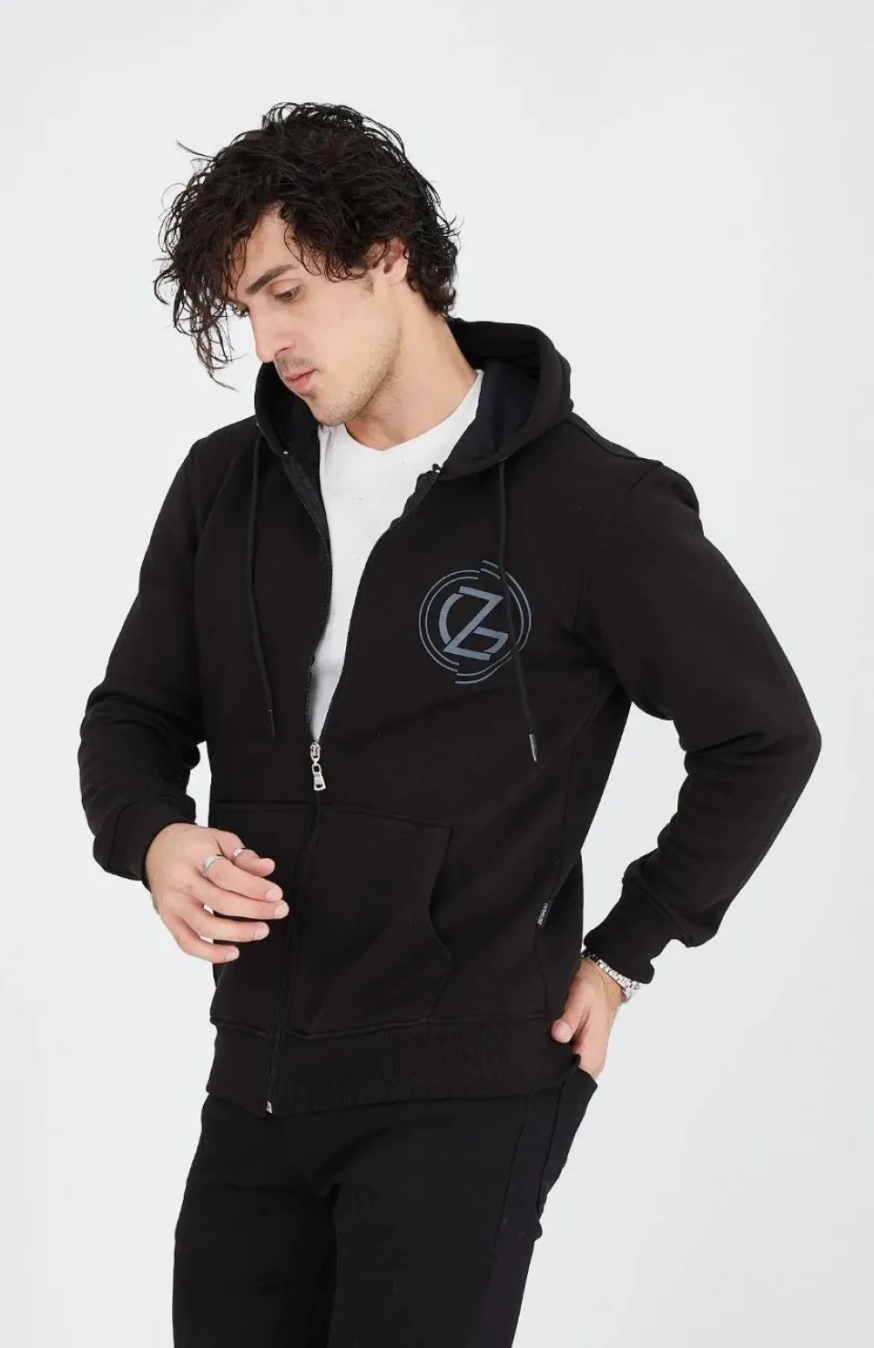 Erkek Kapüşonlu Baskılı Fermuarlı Hırka - Siyah