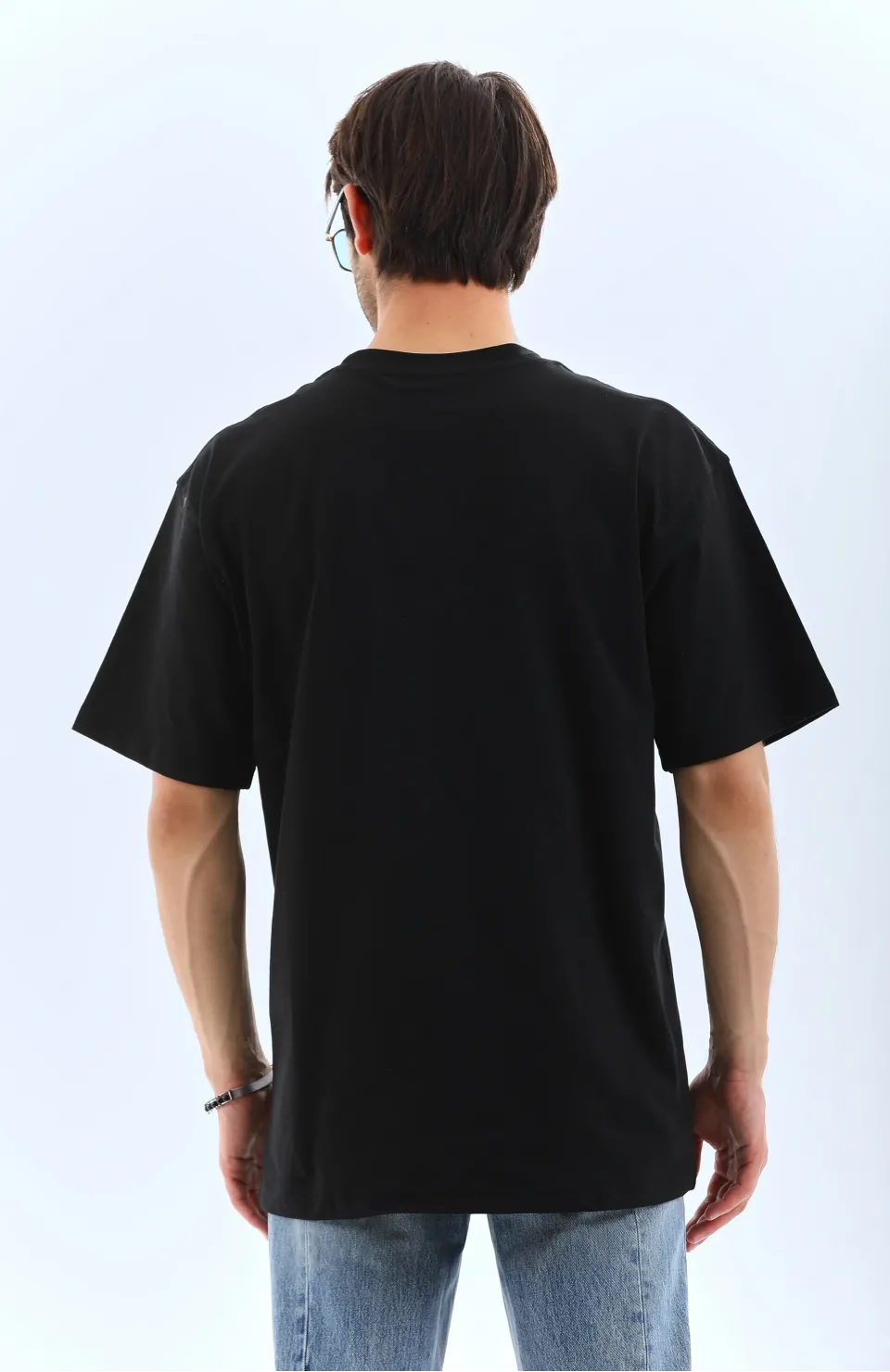 Unisex Oversize Taşlı Bisiklet Yaka T-Shirt - Siyah