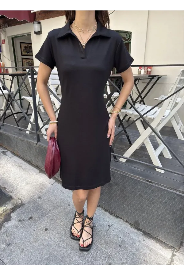 Osy Modal Yumuşak Dokulu Kumaş Yakalı Kısa Kollu Elbise - Siyah