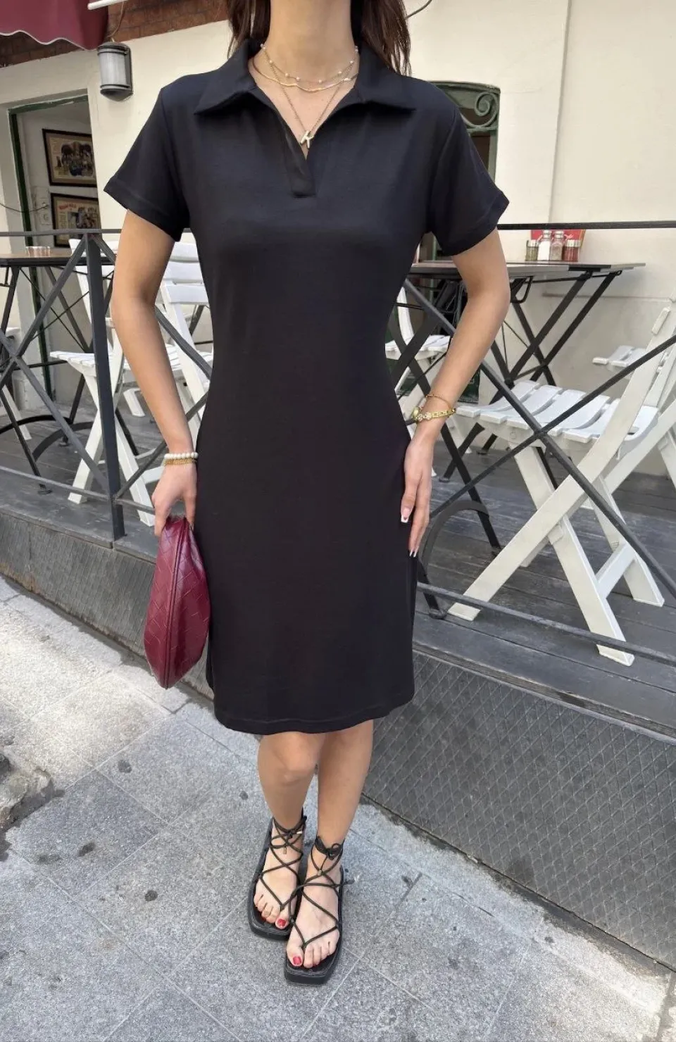 Osy Modal Yumuşak Dokulu Kumaş Yakalı Kısa Kollu Elbise - Siyah