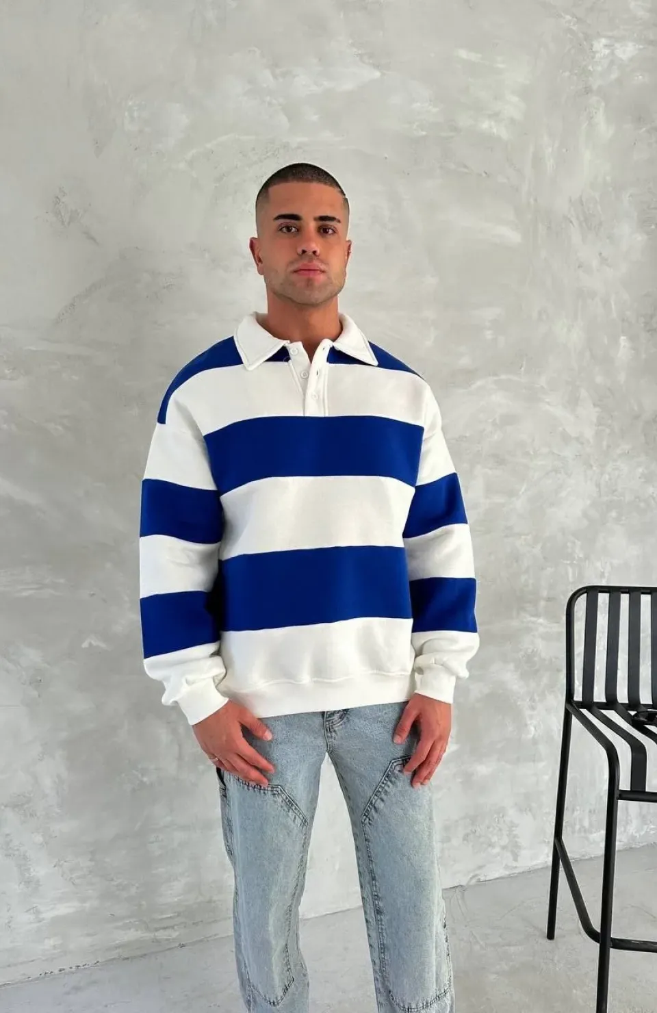 Unisex Üç İplik Parçalı Yakalı SweatShirt - Mavi