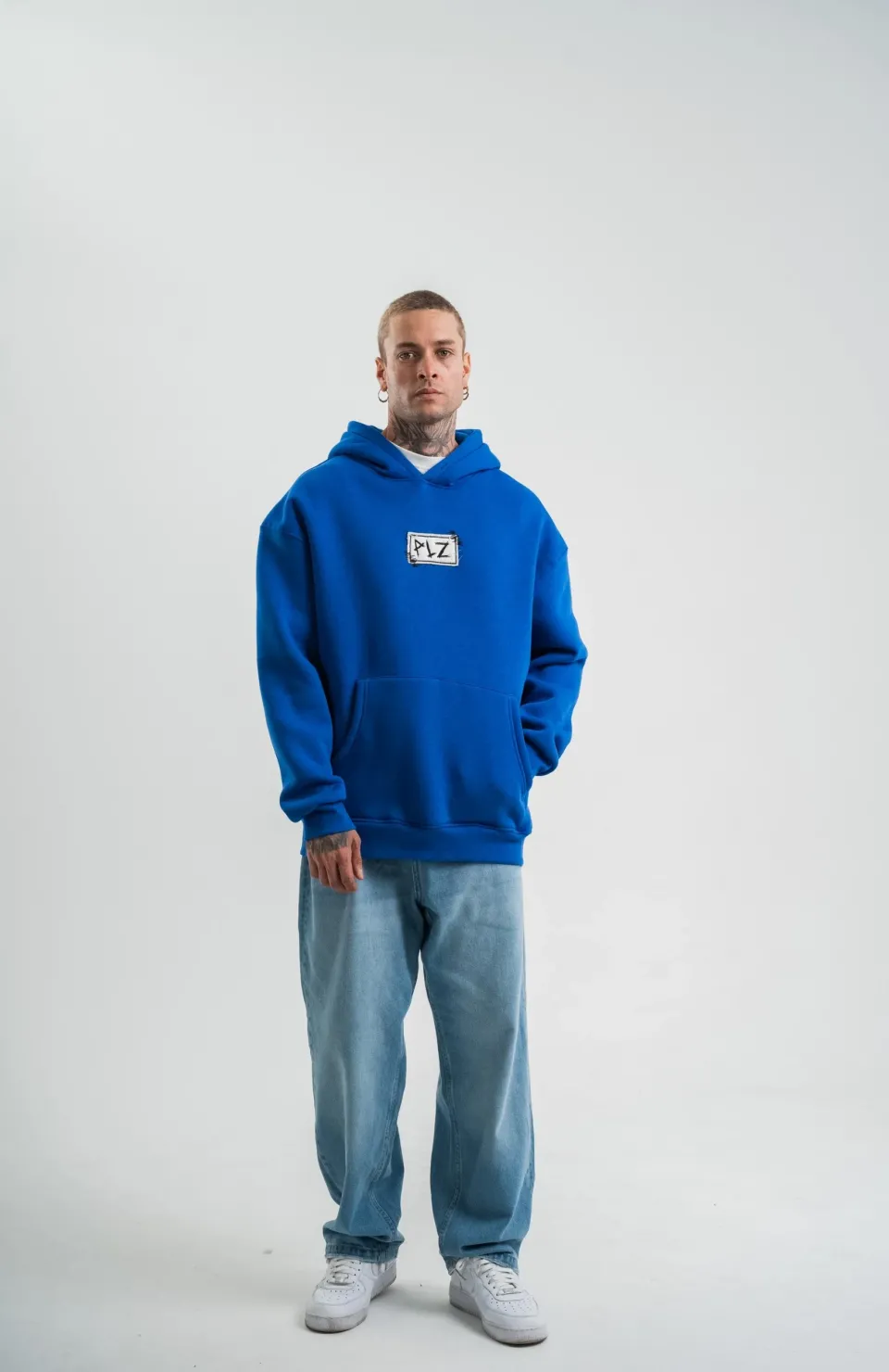 Unisex Kapşonlu Uzun Kol Patchli Nakışlı SweatShirt - Mavi