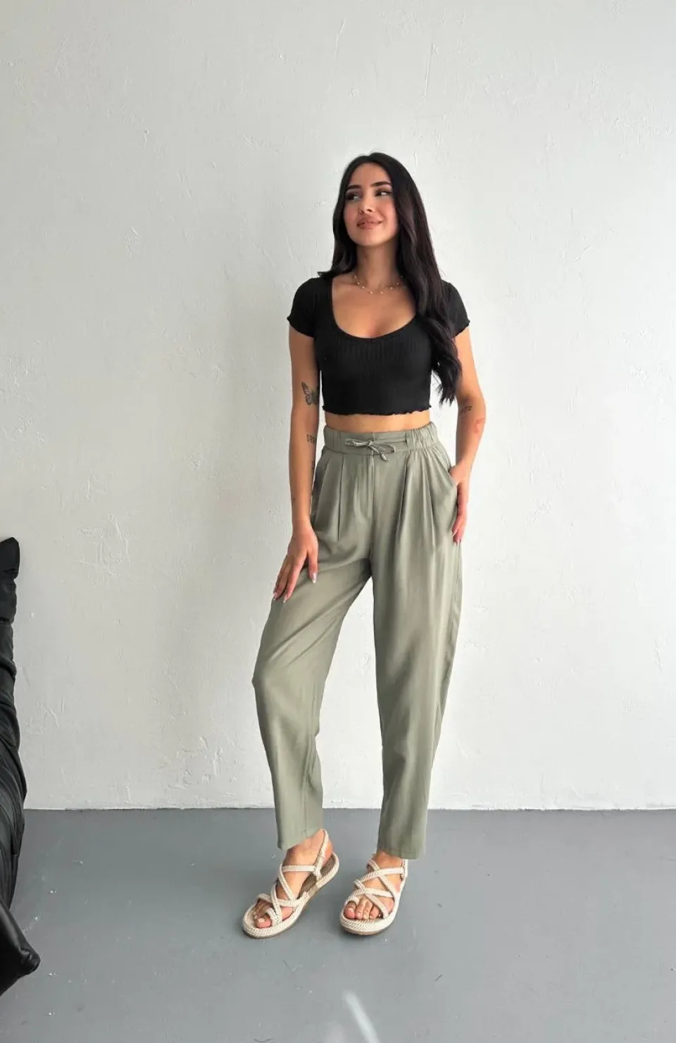 Kadın Yüksel Bel Beli Bağcıklı Cepli Rahat Paça Pantalon - Su Yeşili