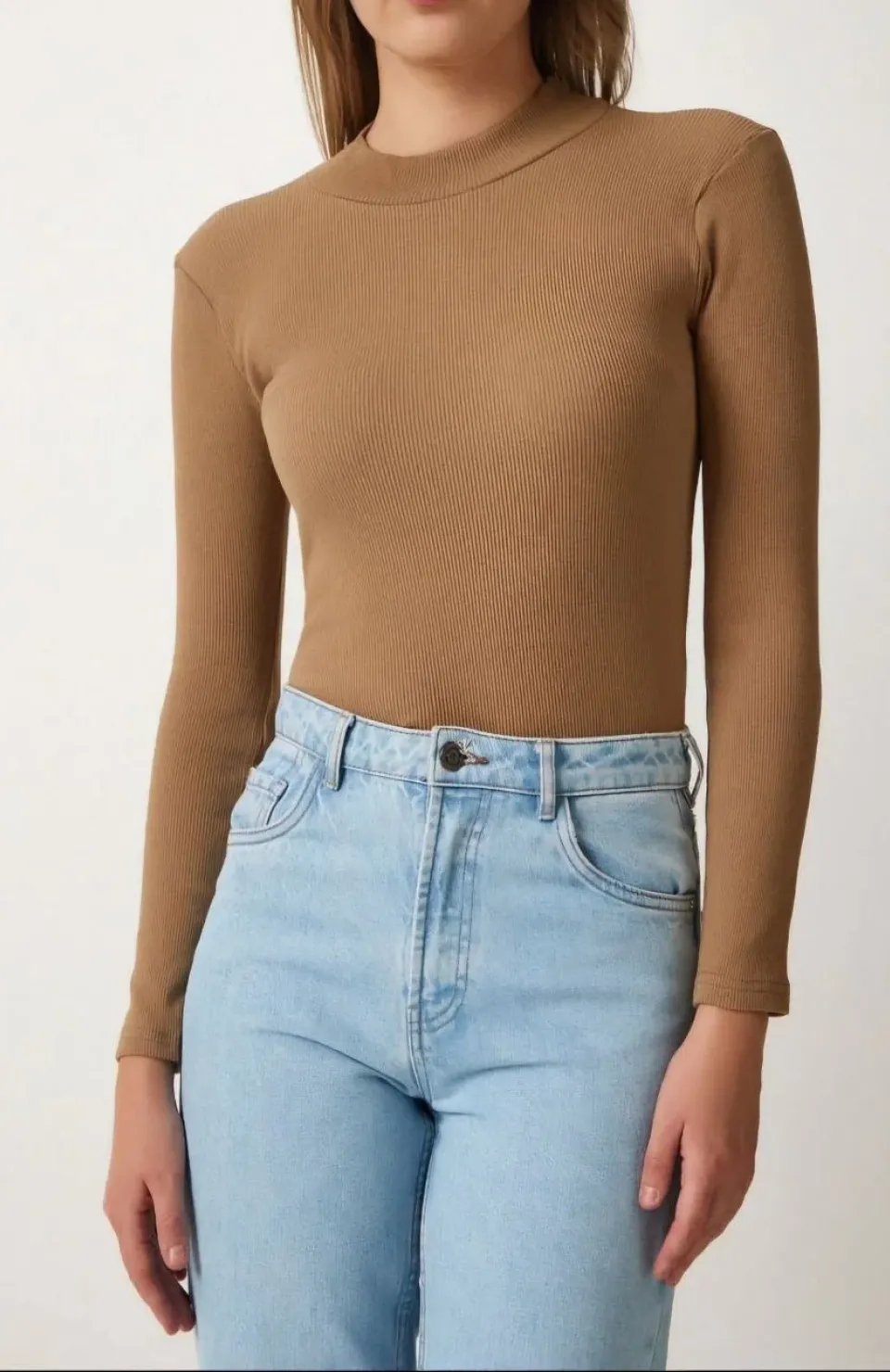 Kadın Full Likralı Fitilli Kaşkorse Body - Kahve