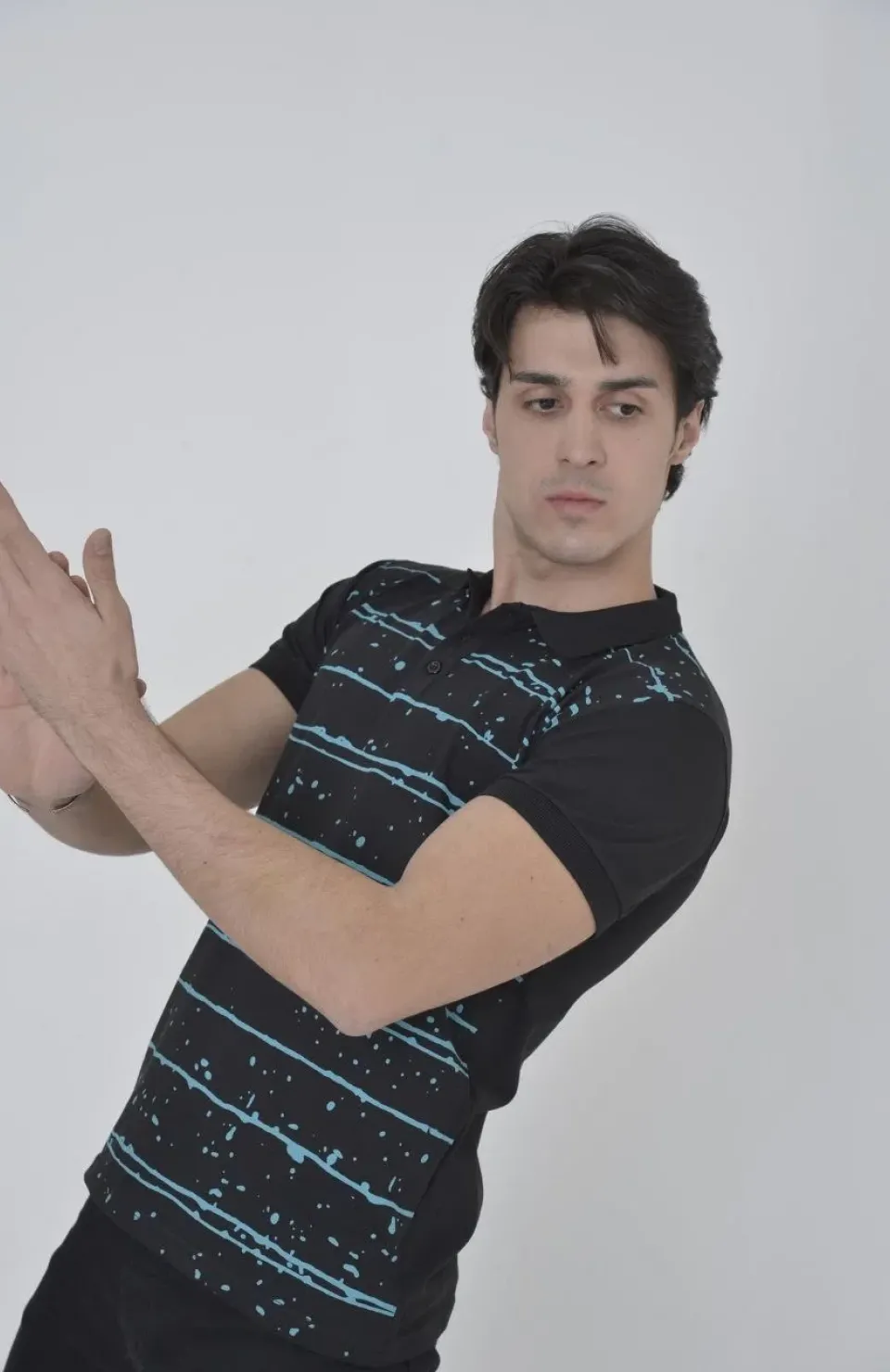 Erkek Yakalı Slim Fit Pike Çizgili T-Shirt - Siyah