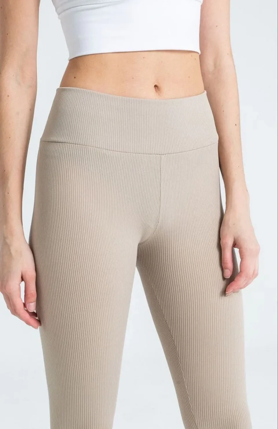 Kadın Yüksek Bel Fitilli Tayt - Bej