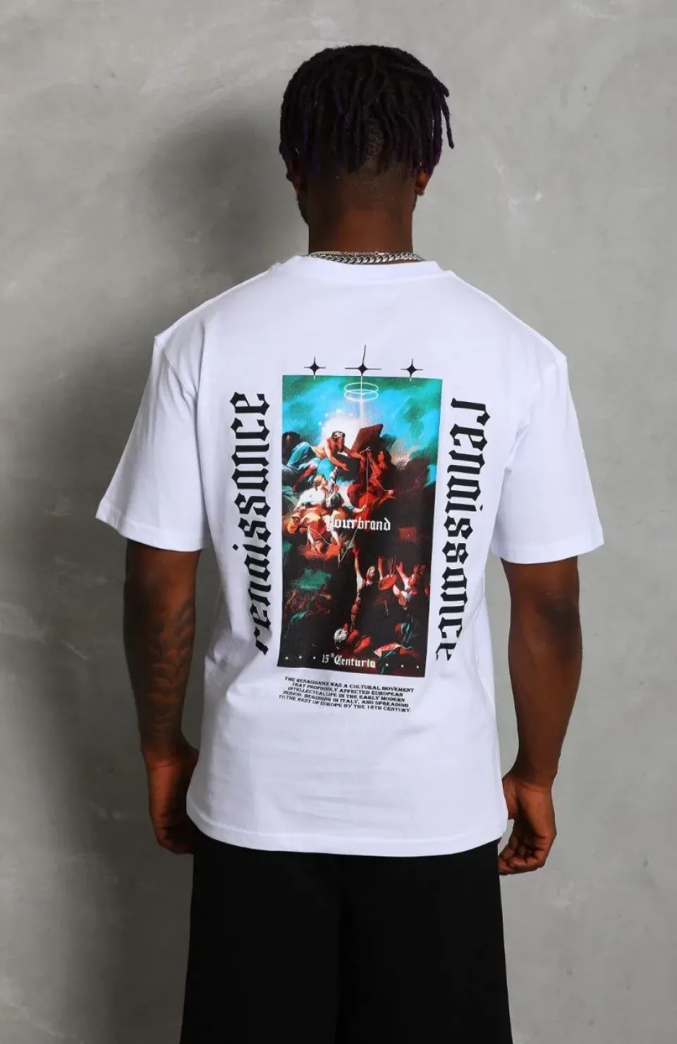 Unisex Oversize Baskılı Bisiklet Yaka T-Shirt - Beyaz