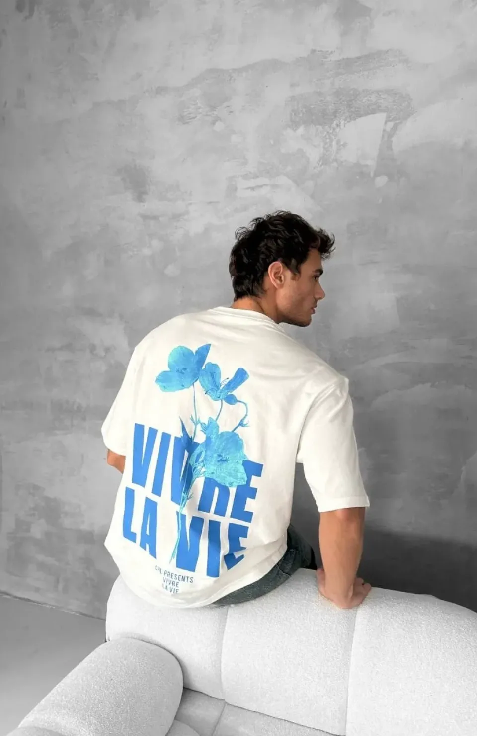 Ön ve Arka Baskılı Oversize Bisiklet Yaka T-shirt- Beyaz