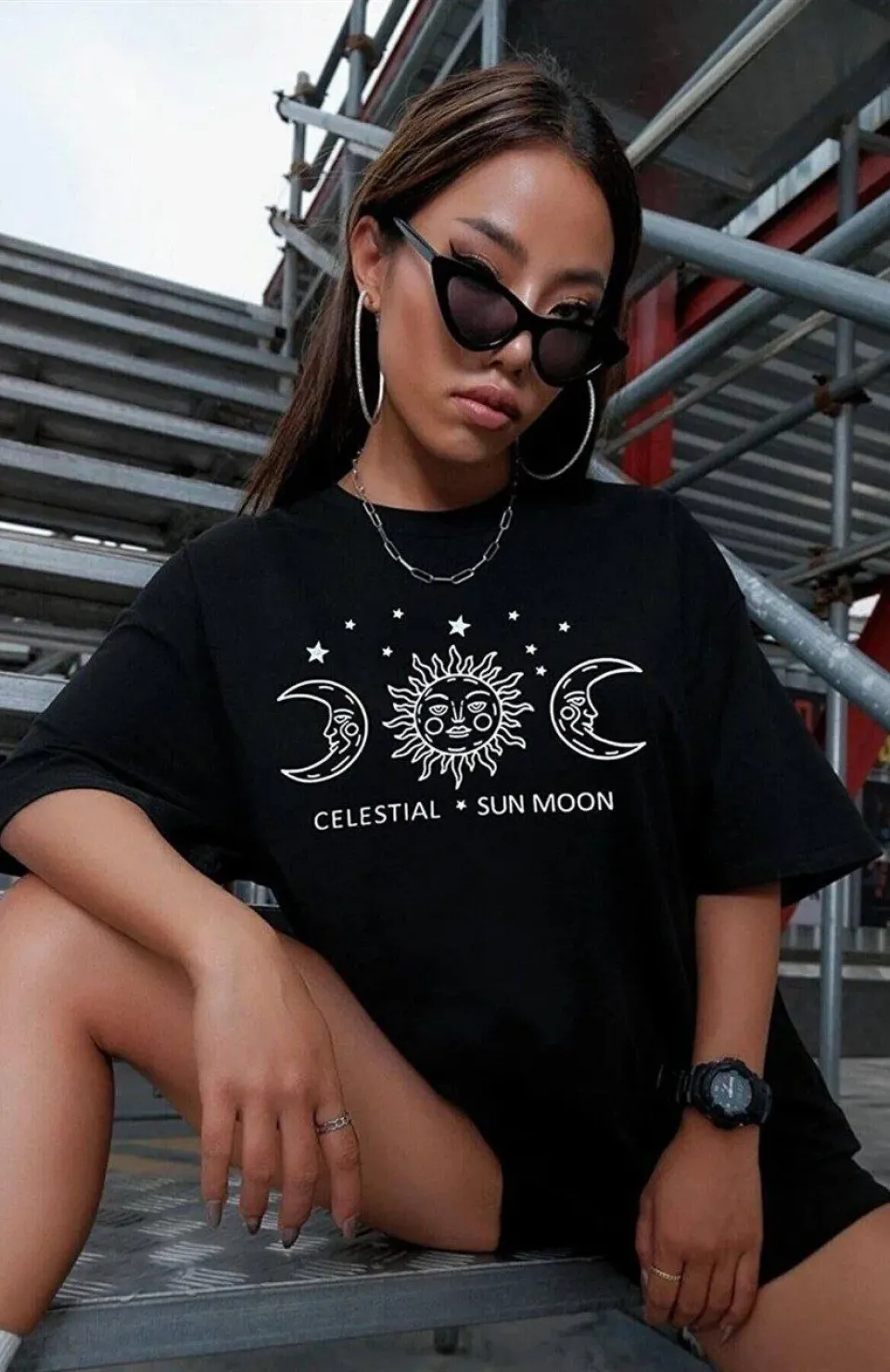 Unisex Baskılı Oversize T-Shirt - Siyah