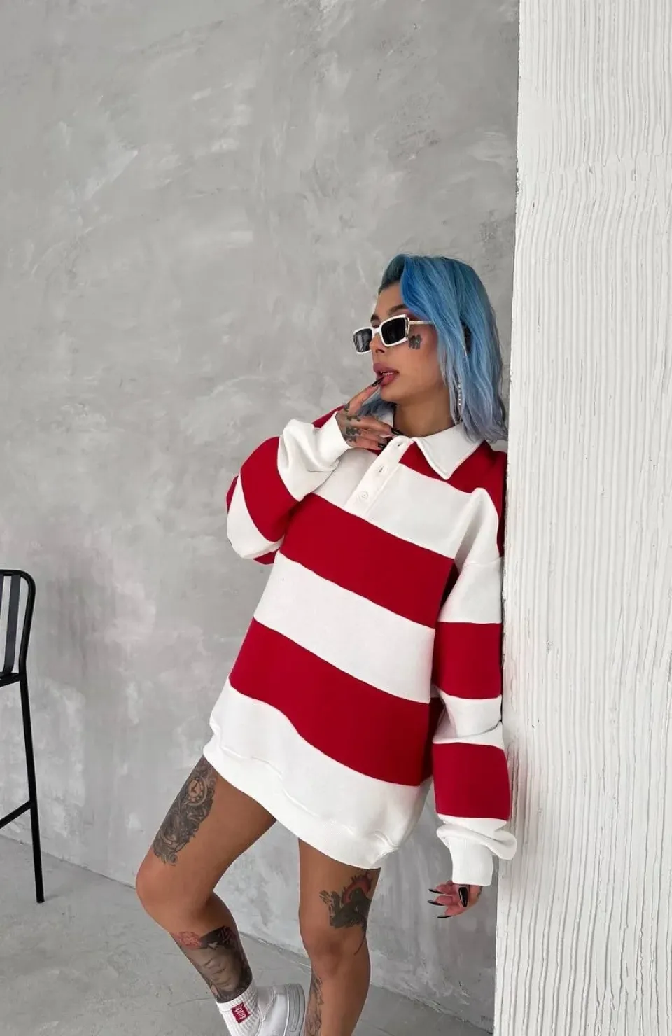 Unisex Üç İplik Parçalı Yakalı SweatShirt - Kırmızı