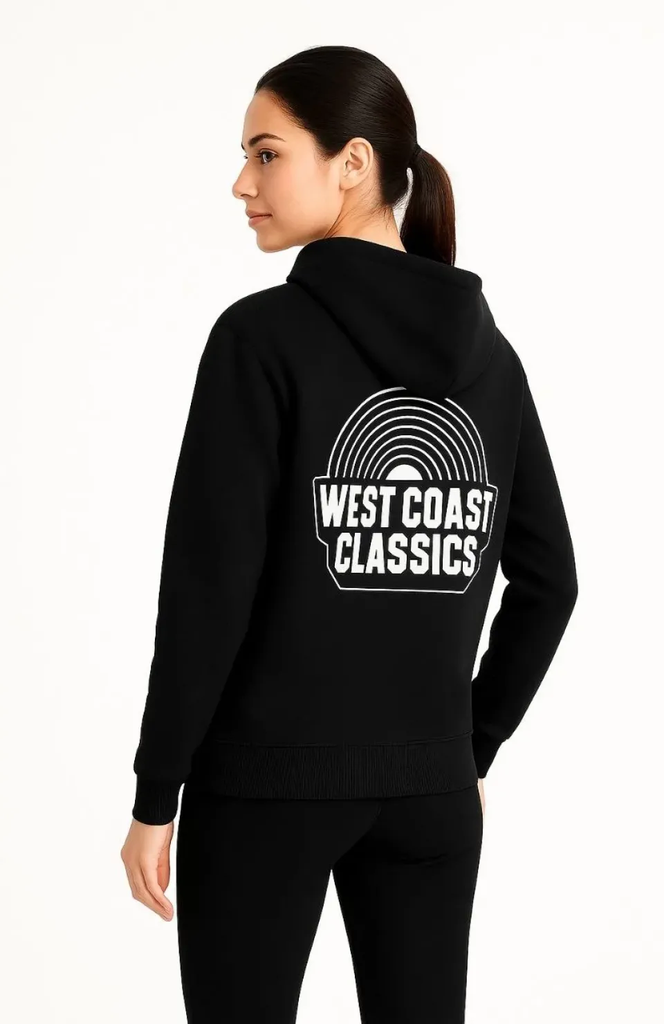 Kadın Kapşonlu Sweatshirt – Oversize Üç İplik Şardonlu Hoodie, “West Coast Classics” Ön & Arka Baskılı, Kanguru Cepli Kışlık Günlük Stil - Siyah