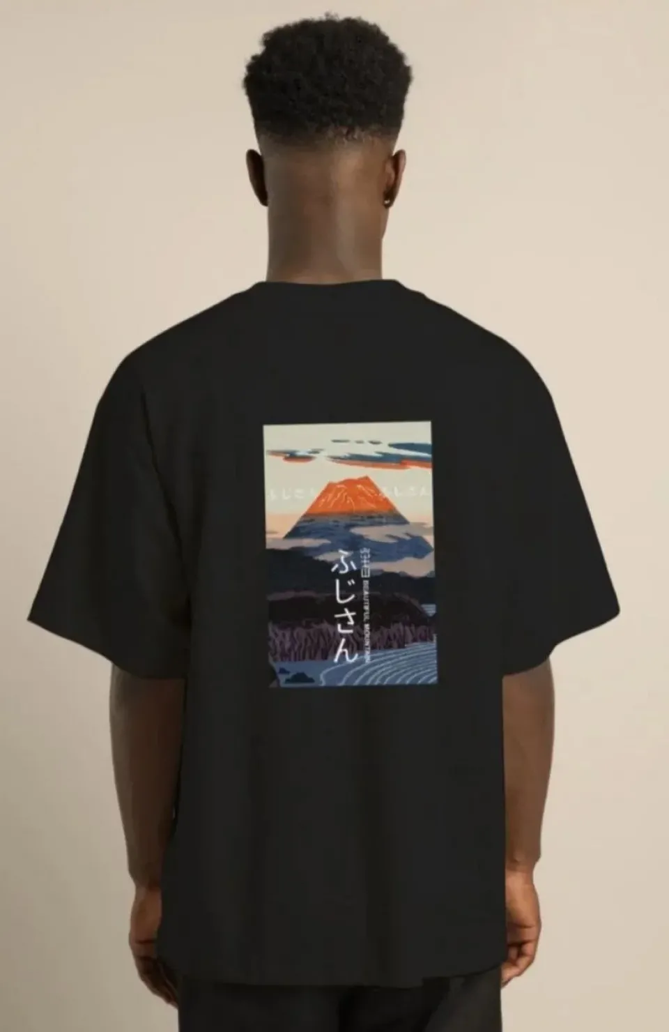 Unisex Bisiklet Yaka Baskılı Oversize T-Shirt - Siyah