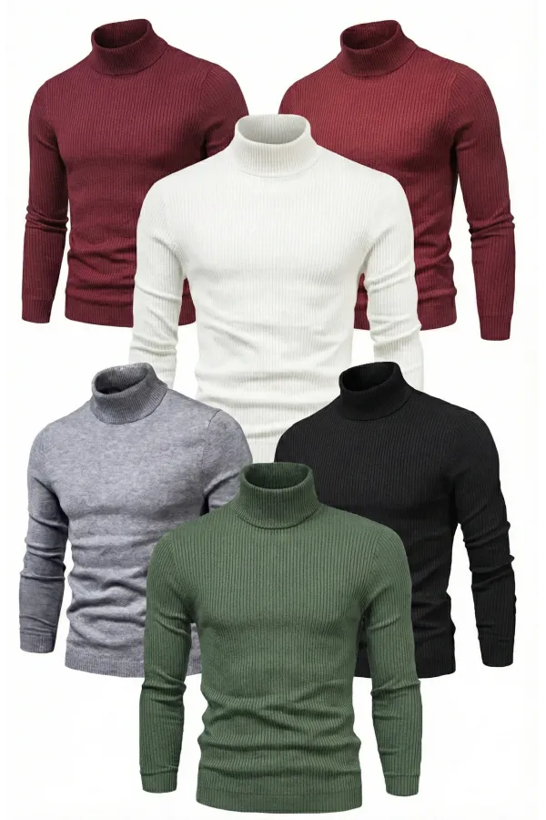 6'lı Siyah, Beyaz, Bordo, Gri, Haki Unisex Kaşkorse Boğazlı Full Likralı Fitilli Body Kazak