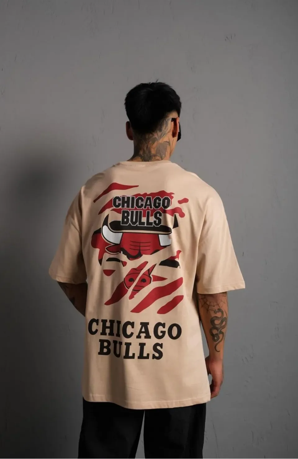 Erkek Sırt Baskılı A Kalite Oversize T-shirt - Bej